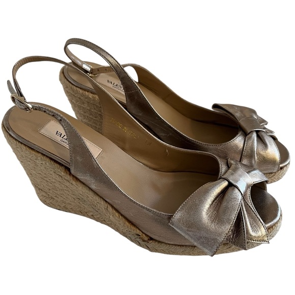 Valentino Gold Metallic Bow Detail Wedge Espadrille Sandals 38(7.5-8) - Picture 1 of 9